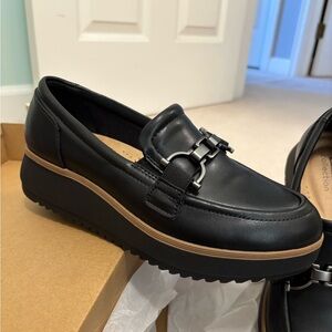 Clarks Black Leather Platform Loafers